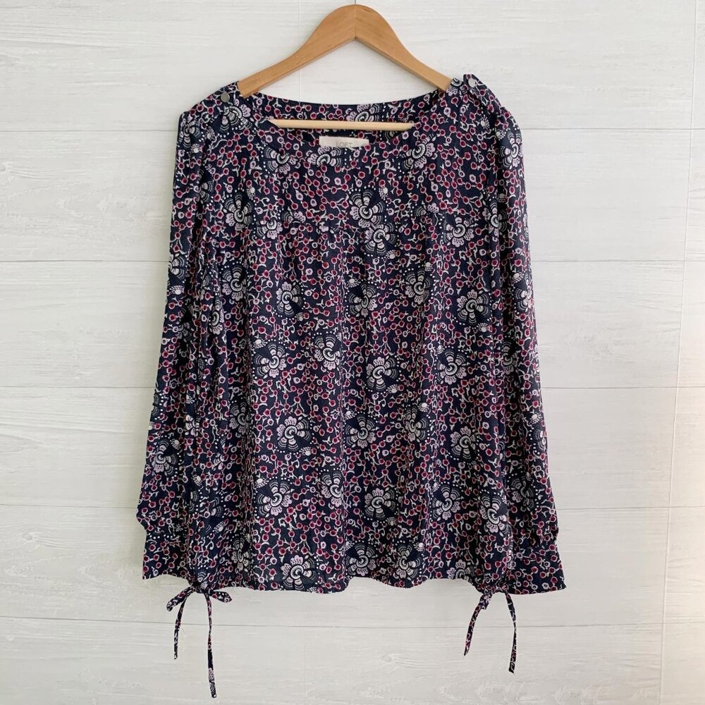 LOFT - Navy floral long sleeve drawstring hem chiffon top epaulets, L